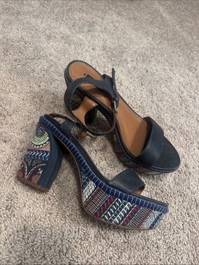 Navy Embroidered Platform Block Heel Sandals